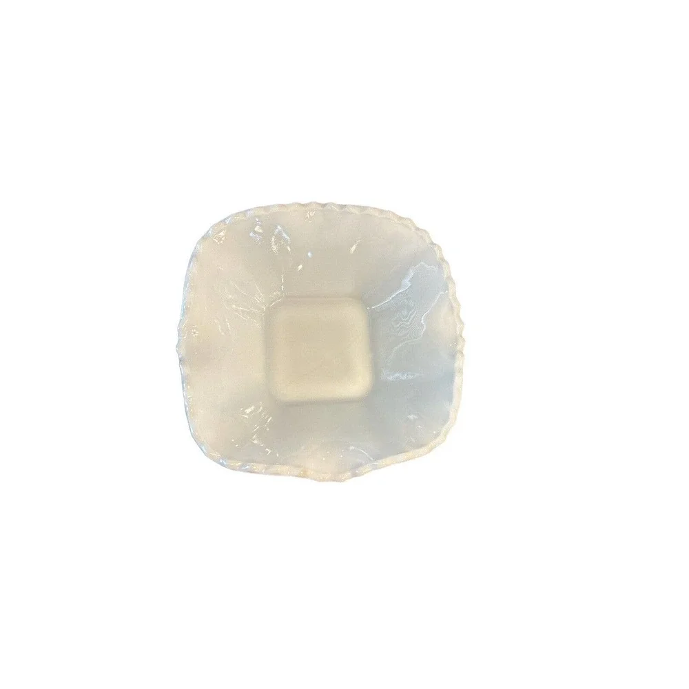 MCM White‎ Milk Glass Square Nut Candy Dish Bowl Ruffled Rim Diamond Pattern